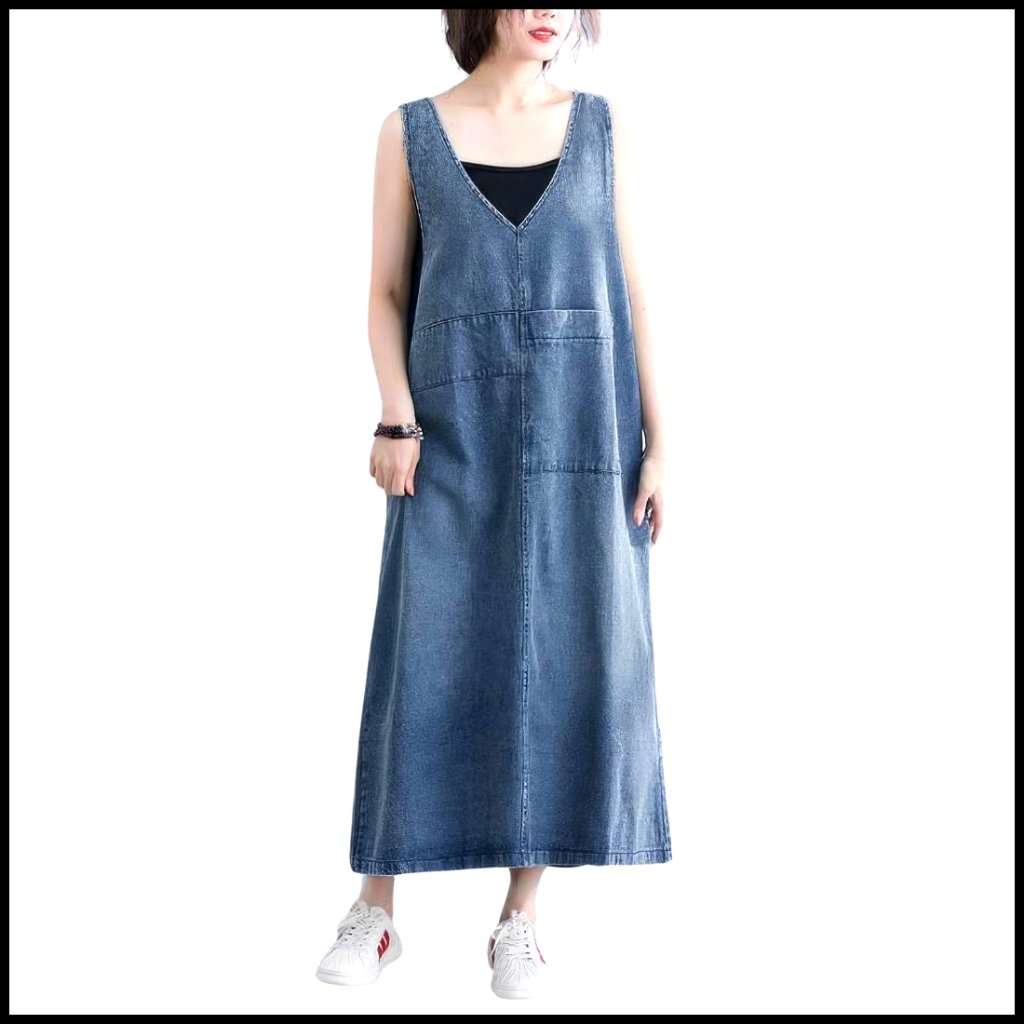 Denim Jumper Dress Loose Fit V-Neck Back Slit Pinafore Maxi Length Pockets